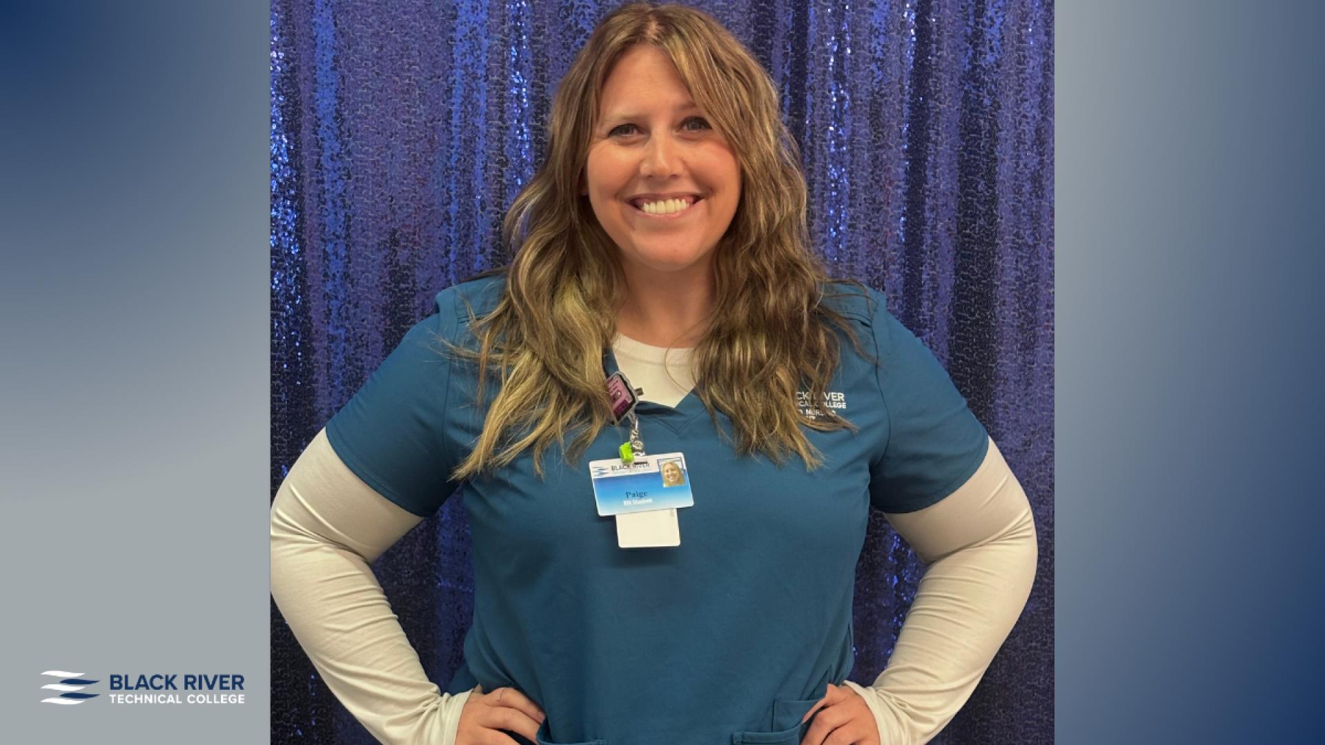 A smiling woman with wavy blonde hair, wearing teal scrubs and a nursing student name badge, poses with hands on hips against a sparkling blue curtain background, with Black River Technical College branding.